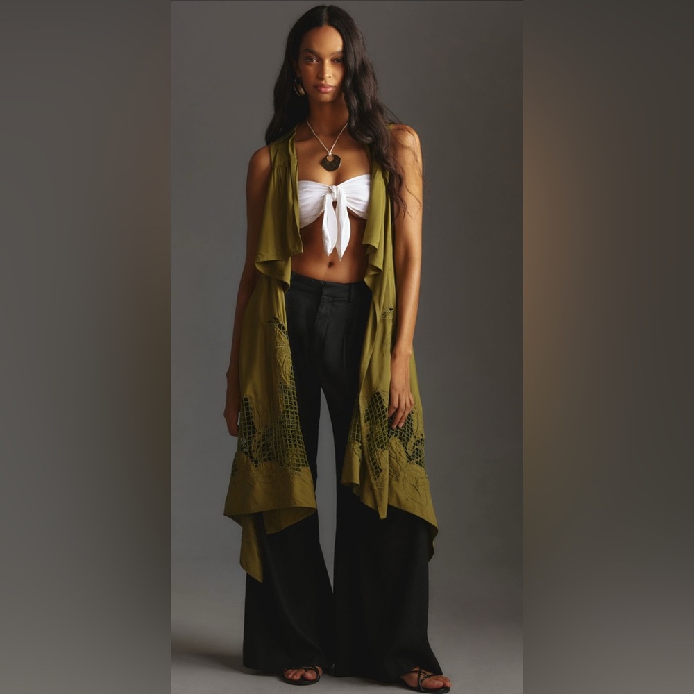 NWT By Anthropologie Collared Crochet Vest in Olive